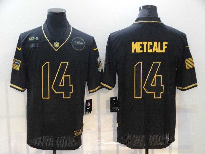 Men Seattle Seahawks #14 Metcalf Black Retro Gold Lettering 2020 Nike NFL Jersey
